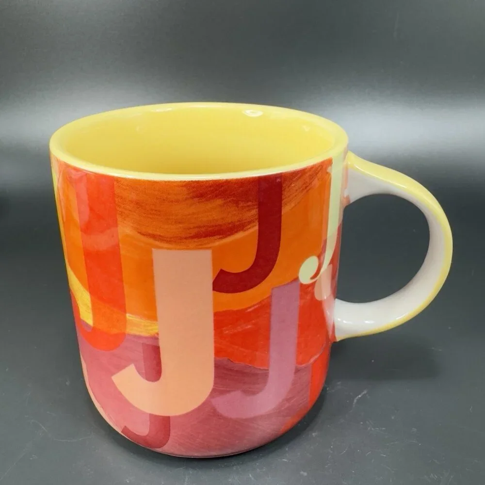 Anthropologie Monogram Lottie Mug Orange‎ Red Yellow Pink Letter Initial J Mug
